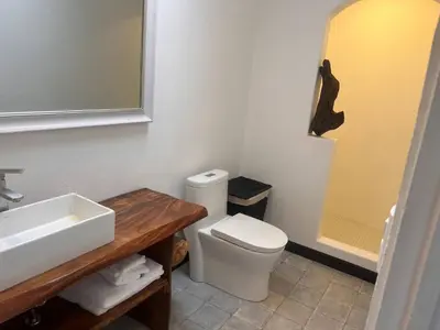 a bathroom with a toilet and a sink and a mirror at Beachfront Paradise in Tivives, Costa Rica - Your Home Away from Home in Tivives