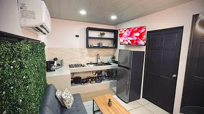 a small kitchen with a sink and a refrigerator at Ken lower apartment in Quepos