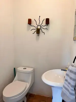 a bathroom with a toilet and a spider on the wall at Casa Rural Los Almendros - Tarcoles in Capulín