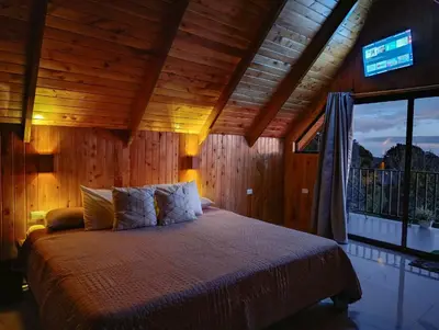 a bedroom with a bed in a wooden room at Cabaña El Trogon in Monteverde Costa Rica