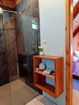 a bathroom with a shower with a glass door at Cabaña El Trogon in Monteverde Costa Rica