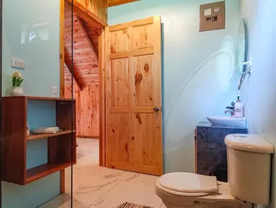 a bathroom with a toilet and a wooden door at Cabaña El Trogon in Monteverde Costa Rica
