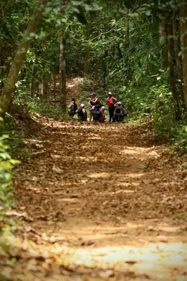 a group of people on a dirt road in the woods at Wildlife Reserve La Ceiba Ecoadventures in Platanillo