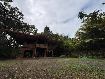 a building with a porch and a palm tree at Mountain Retreat Refugio de Aves in Turrialba