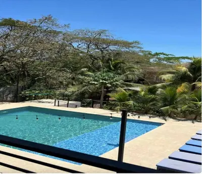 a swimming pool with blue water and palm trees at El Castillo Casa Azul in Cuajiniquil