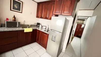 a kitchen with wooden cabinets and a white refrigerator at Apartamento San Juan in Santa Bárbaraa