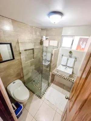 a bathroom with a shower and a toilet and a sink at Toscana Escazú in San Rafael