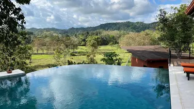 a large swimming pool with a view of a field at Hacienda las colinas in Mesas