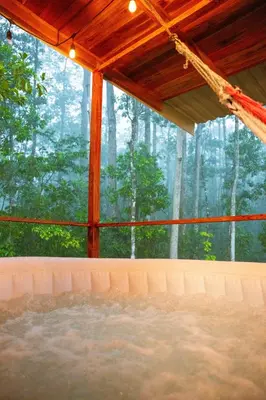 a hot tub in a room with a view of the forest at Villa Azul-Colibrí, Río Celeste in Rio Celeste