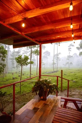 a porch with a wooden table with a plant on it at Villa Azul-Colibrí, Río Celeste in Rio Celeste
