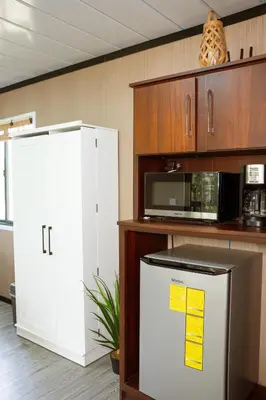 a kitchen with a refrigerator and a microwave at Villa Azul-Colibrí, Río Celeste in Rio Celeste