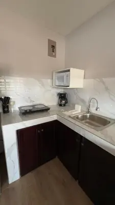 a kitchen with a sink and a microwave at Central and comfortable mini apartment in San Sebastian in San José