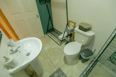 a bathroom with a white toilet and a sink at Lovely Loft with volcan view La Fortuna Downtown in Fortuna