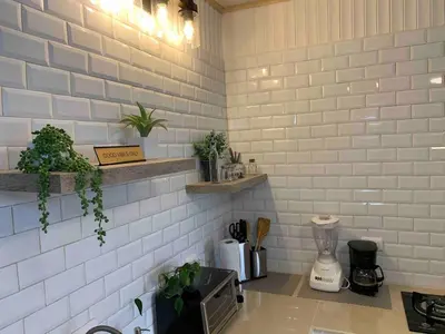 a kitchen with a counter with plants on the wall at Lovely Loft with volcan view La Fortuna Downtown in Fortuna
