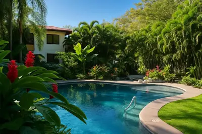 a swimming pool in a yard with a house at Apartments for vacation by the Pasifc in Coco