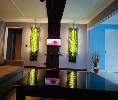 a living room with a couch and a tv on a wall at Apartments for vacation by the Pasifc in Coco
