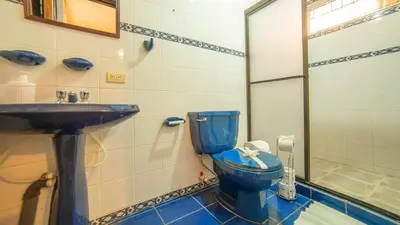 a bathroom with a blue toilet and a sink at Oasis 17 , Group Getaway in Fortuna