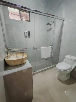 a bathroom with a shower and a toilet and a sink at Apartamento Lantanas in Palma
