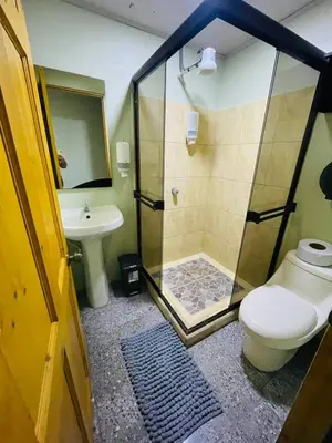 a bathroom with a shower and a toilet and a sink at Cabinas Marielos in Sarapiquí