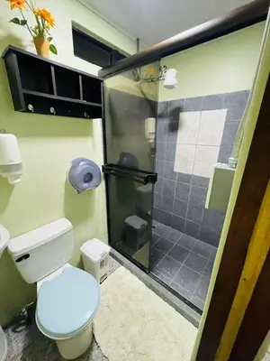 a bathroom with a toilet and a shower at Cabinas Marielos in Sarapiquí