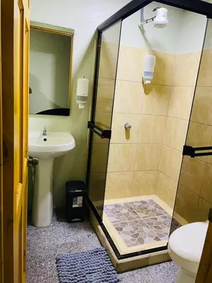 a bathroom with a shower and a sink at Cabinas Marielos in Sarapiquí
