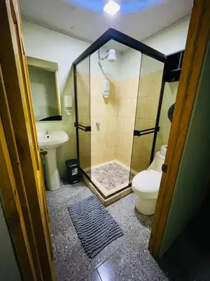 a bathroom with a shower and a toilet and a sink at Cabinas Marielos in Sarapiquí