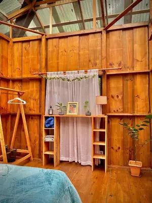 a bedroom with a wooden wall with a window at River Cabin 1BR Breathtaking Chirripó Retreat in Tapantí