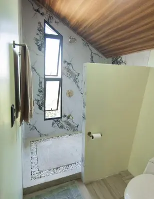 a bathroom with a shower with a toilet and a window at Elevant Sanctuary in Tapantí