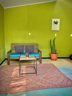 a living room with a couch and a table and a cactus at green house in Rivas