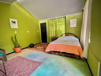 a bedroom with a bed in a room with green walls at green house in Rivas