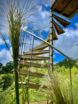 a wooden stairs in a field of grass at House on the Hill 1BR Costa Rica Jungle Escape in Rivas