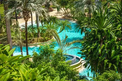 an aerial view of a resort pool with palm trees at Beautiful Ocean View Condo Steps to the Beach in Tamarindo