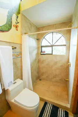 a bathroom with a toilet and a shower with a window at Private Wellness Home Sauna, Jacuzzi &Cold Plunge in Brasil