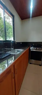 a kitchen with a sink and a stove at Bosquelago houserental in Tronadora
