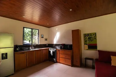 a kitchen with wooden cabinets and a stove top oven at Bosquelago houserental in Tronadora