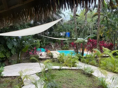 a hammock in a garden with a swimming pool at Casitas Diquis in Ojochal