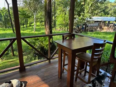 a wooden porch with a table and a dog laying on the floor at Villas El Silencio - Las Tierras de Leonor in San Juanillo