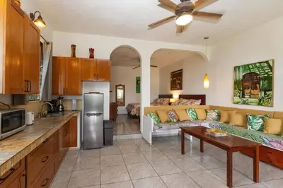 a kitchen and living room with a couch and a table at Villas el Parque 18A 1BR Central Apartment w Huge Patio in Quepos