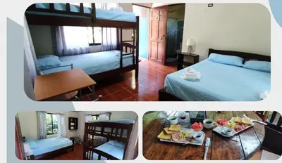 two pictures of a bedroom with two beds and a table with food at Finca Verde Lodge in Upala