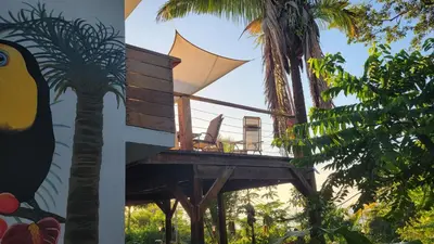 a tree house with a balcony and a palm tree at Casa Boa Casita Tambor in La Abuela