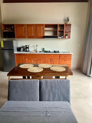 a kitchen with a wooden table with two chairs at Apartamentos Margarita in Quepos