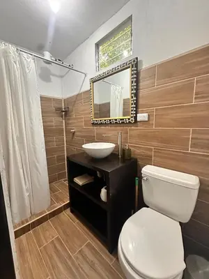 a bathroom with a toilet and a sink and a mirror at Casa Laurel in Santa Cruz