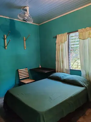 a blue bedroom with a bed and a window at Apartamentos el Espavel in Santa Teresa Beach