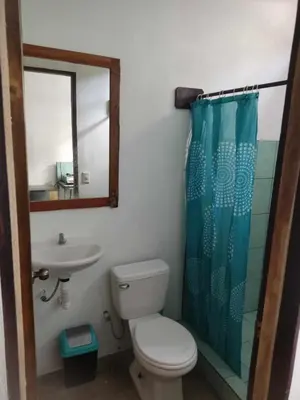 a bathroom with a toilet and a sink and a mirror at Apartamentos el Espavel in Santa Teresa Beach