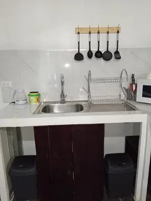 a kitchen with a sink and a counter with utensils at Pino Lodge, Río Celeste in Upala