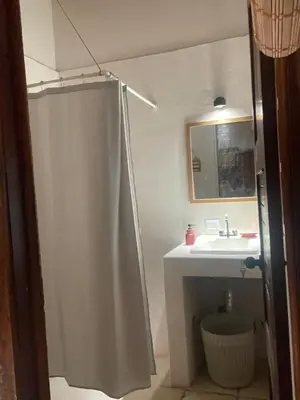 a bathroom with a shower curtain and a sink at Nagomi Casita #1 in Sámara
