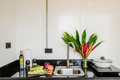 a kitchen counter with a sink and a sink at The DEN in Tamarindo