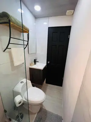 a bathroom with a toilet and a black door at Kens Lower department in Quepos