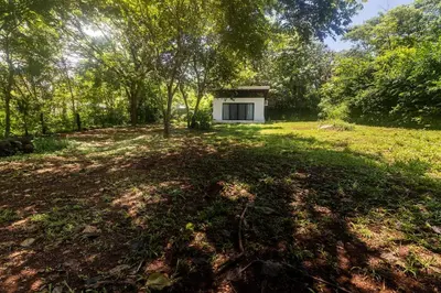 a small shed in the middle of a field with trees at Newly built Surf Hideaway in Avellanas Beach in Playa Avellana
