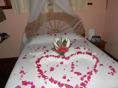 a bed with a heart made out of flowers on it at Samara Tree House Inn Unit 4 in Sámara